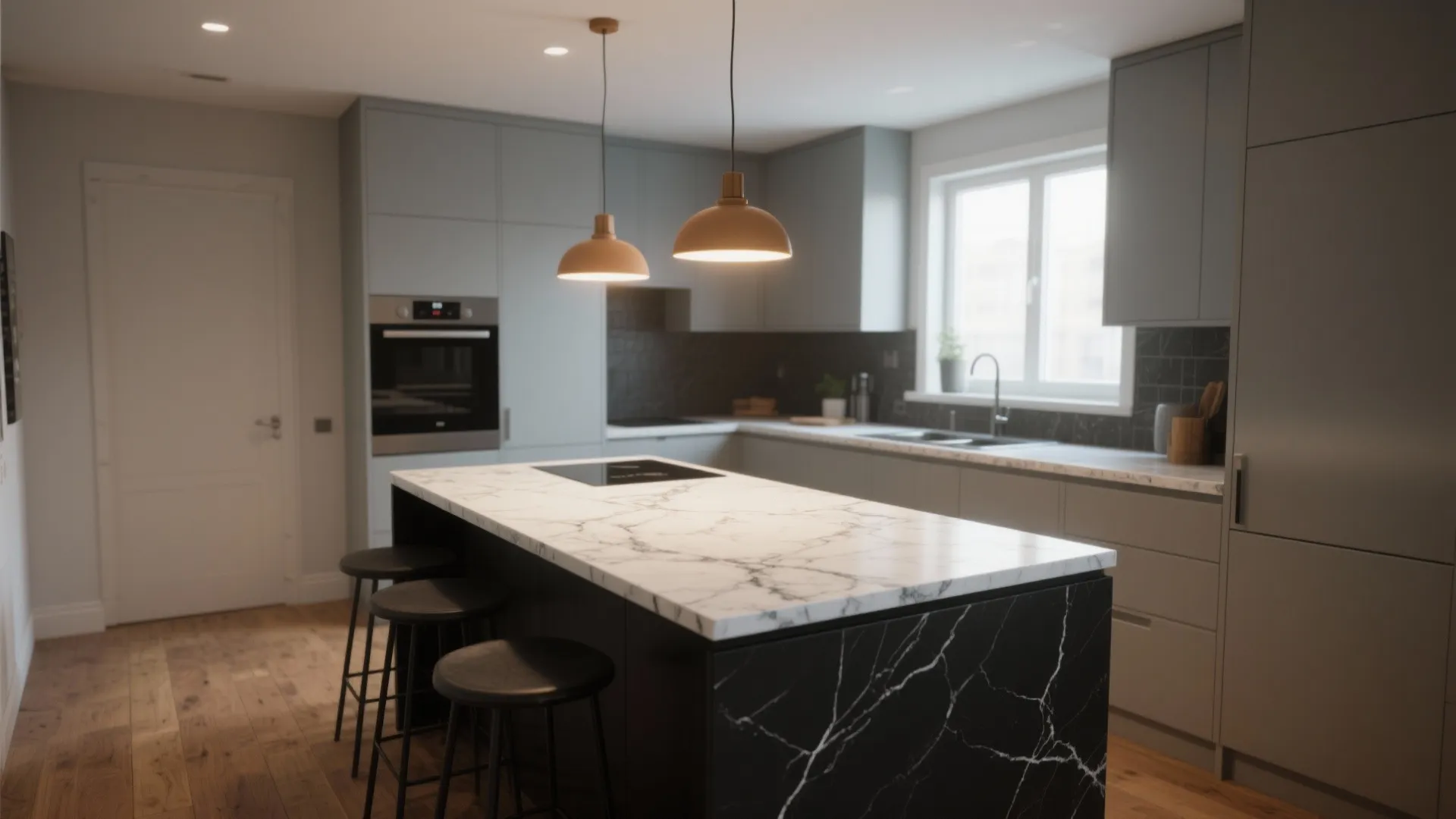 3. Matte Black Island with White Marble Countertop