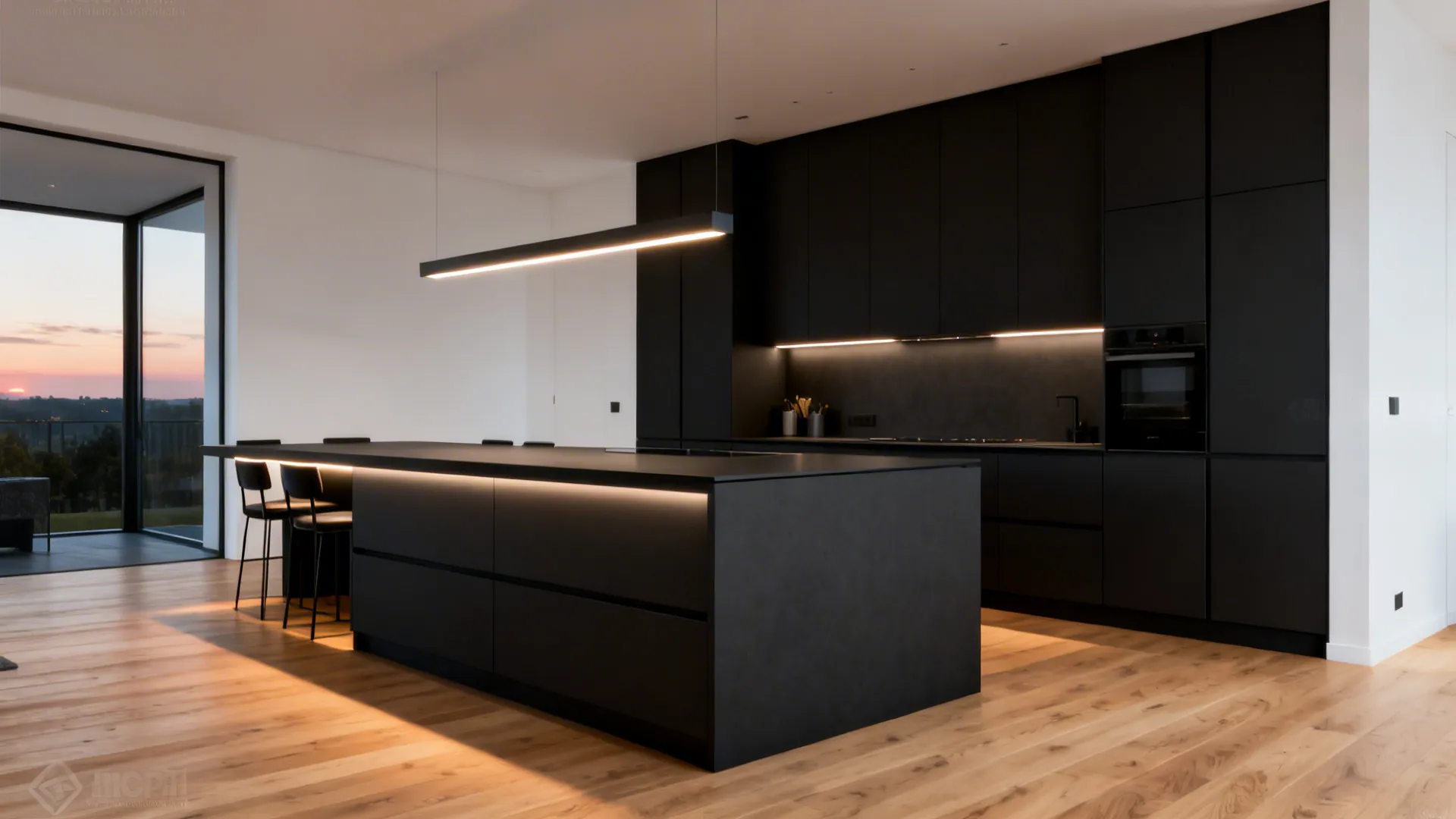 Monolithic matte black island in a light oak and white open-plan kitchen.