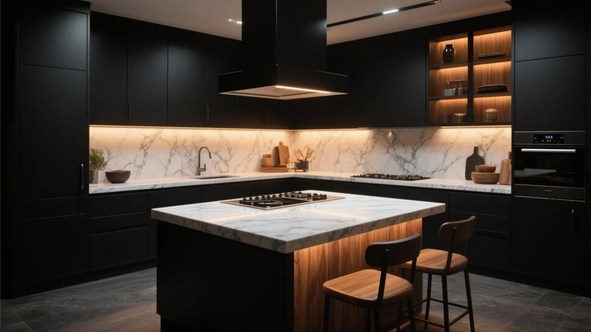 Modern black kitchen with marble back wall large island wood breakfast bar and warm hidden lighting