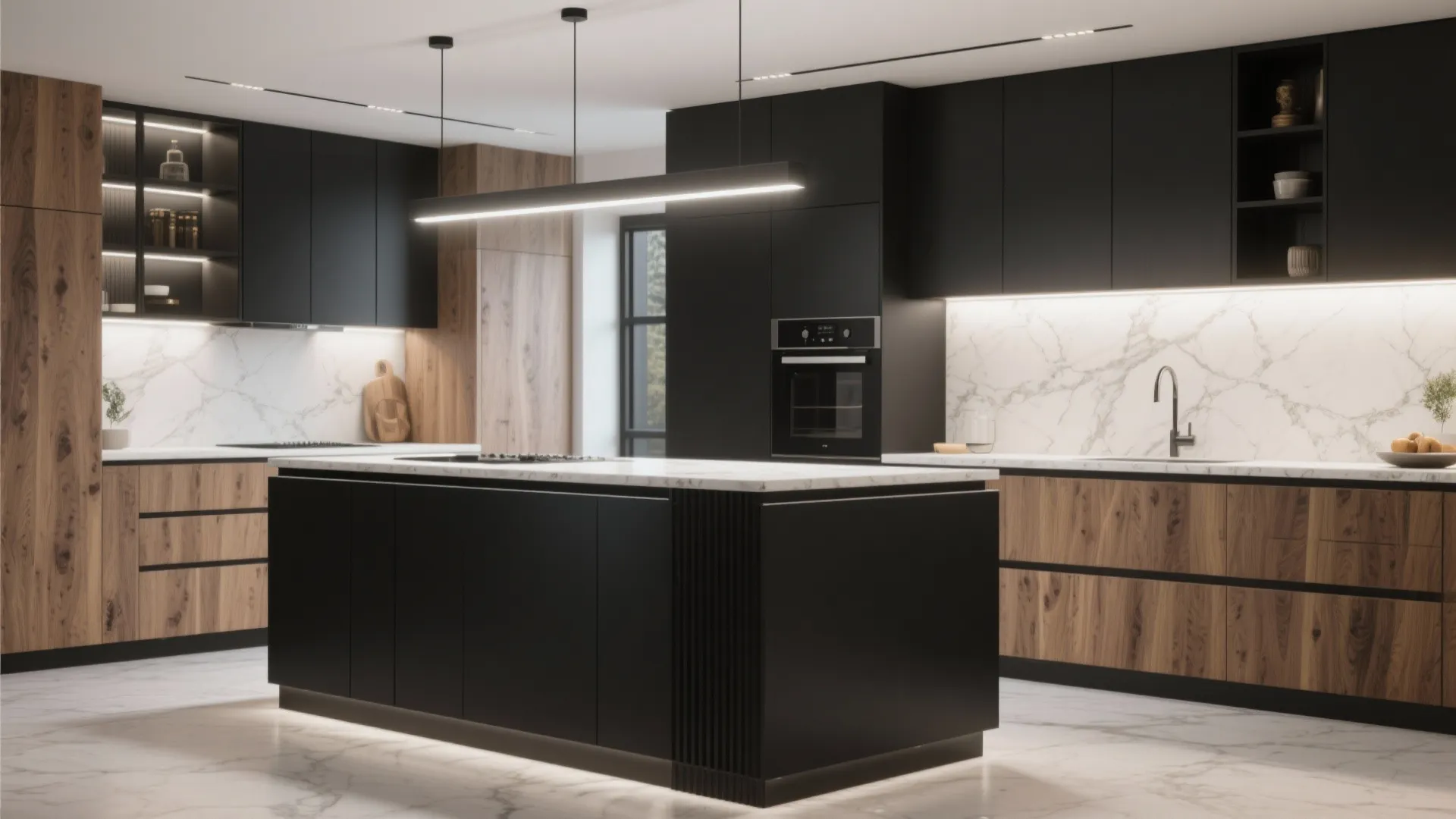 Luxury matte black and wood kitchen with marble backsplash and a large central island unit