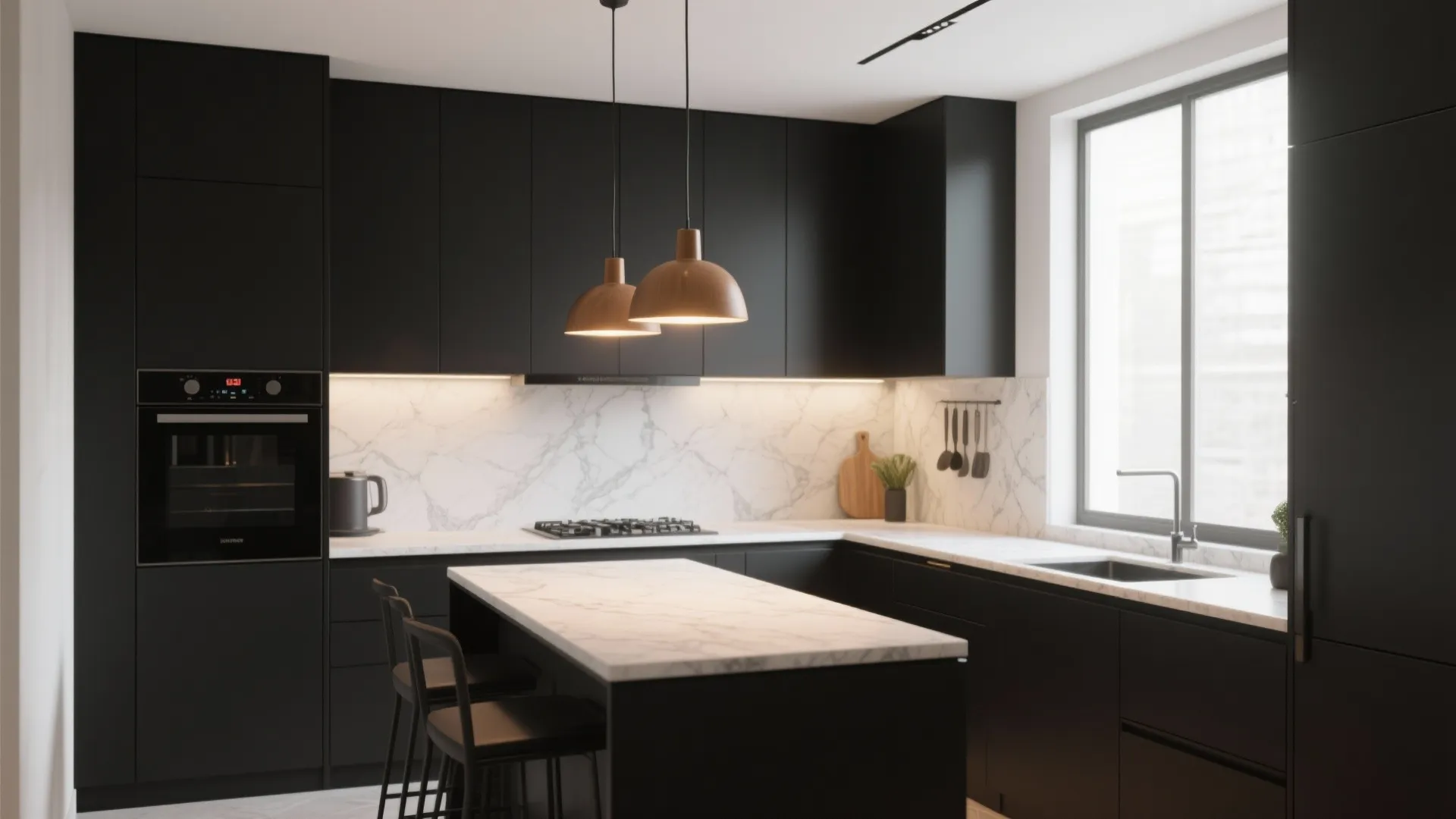 Minimalist matte black kitchen with marble backsplash wooden hanging lights and matching island with stools