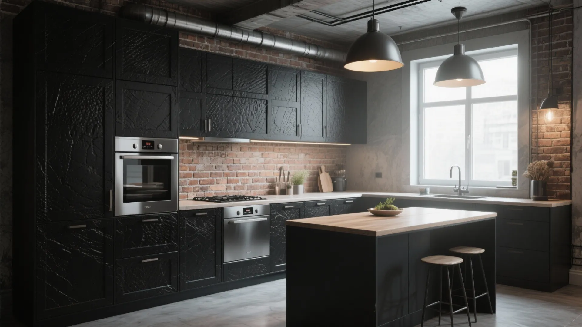 Industrial kitchen with matte black cabinets brick walls wooden island stools and black metal ceiling lights