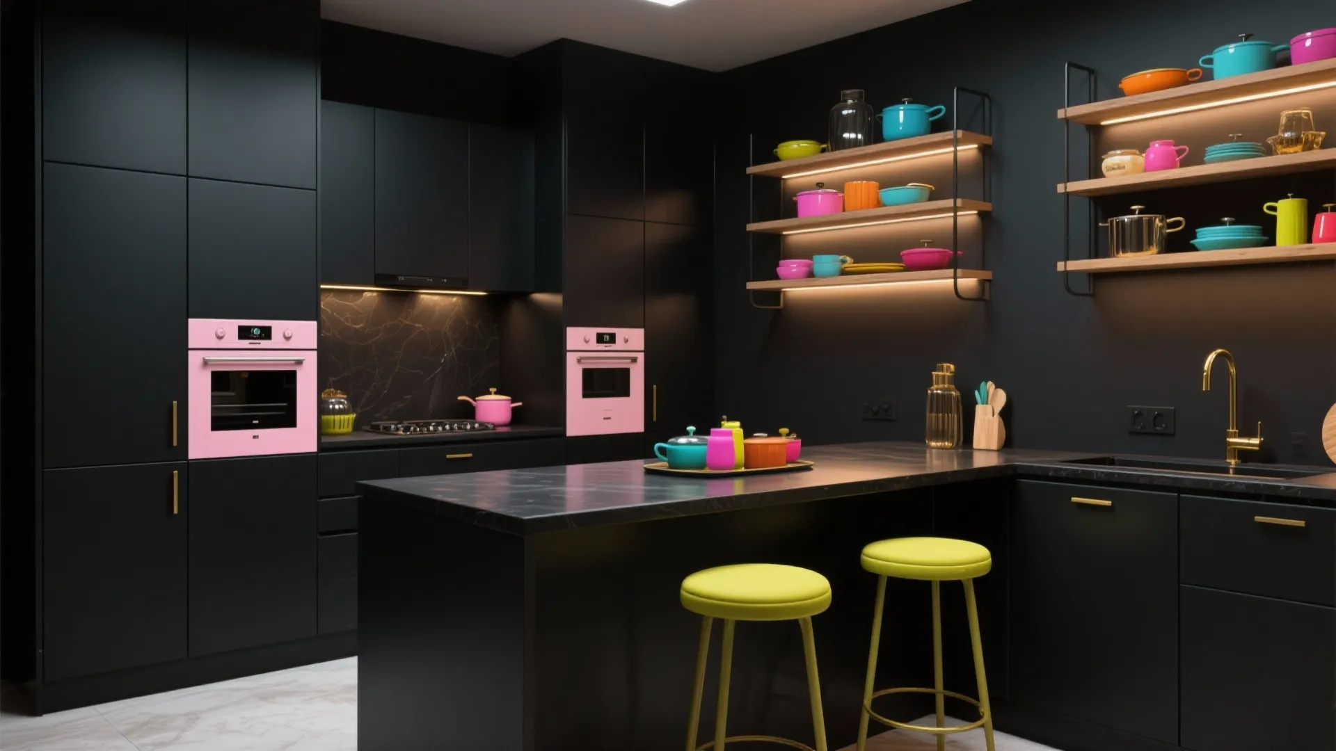 Matte black kitchen with colorful blush appliances and chartreuse stools under layered lighting for dramatic contrast.