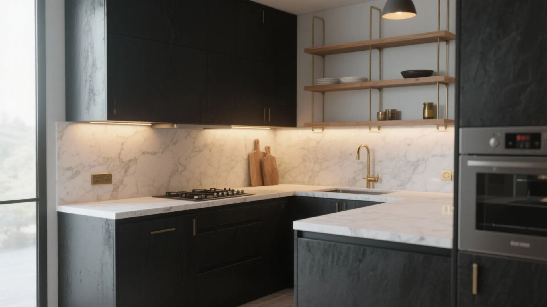 Modern kitchen with black cabinets marble countertop wooden shelves gold faucet and a silver oven