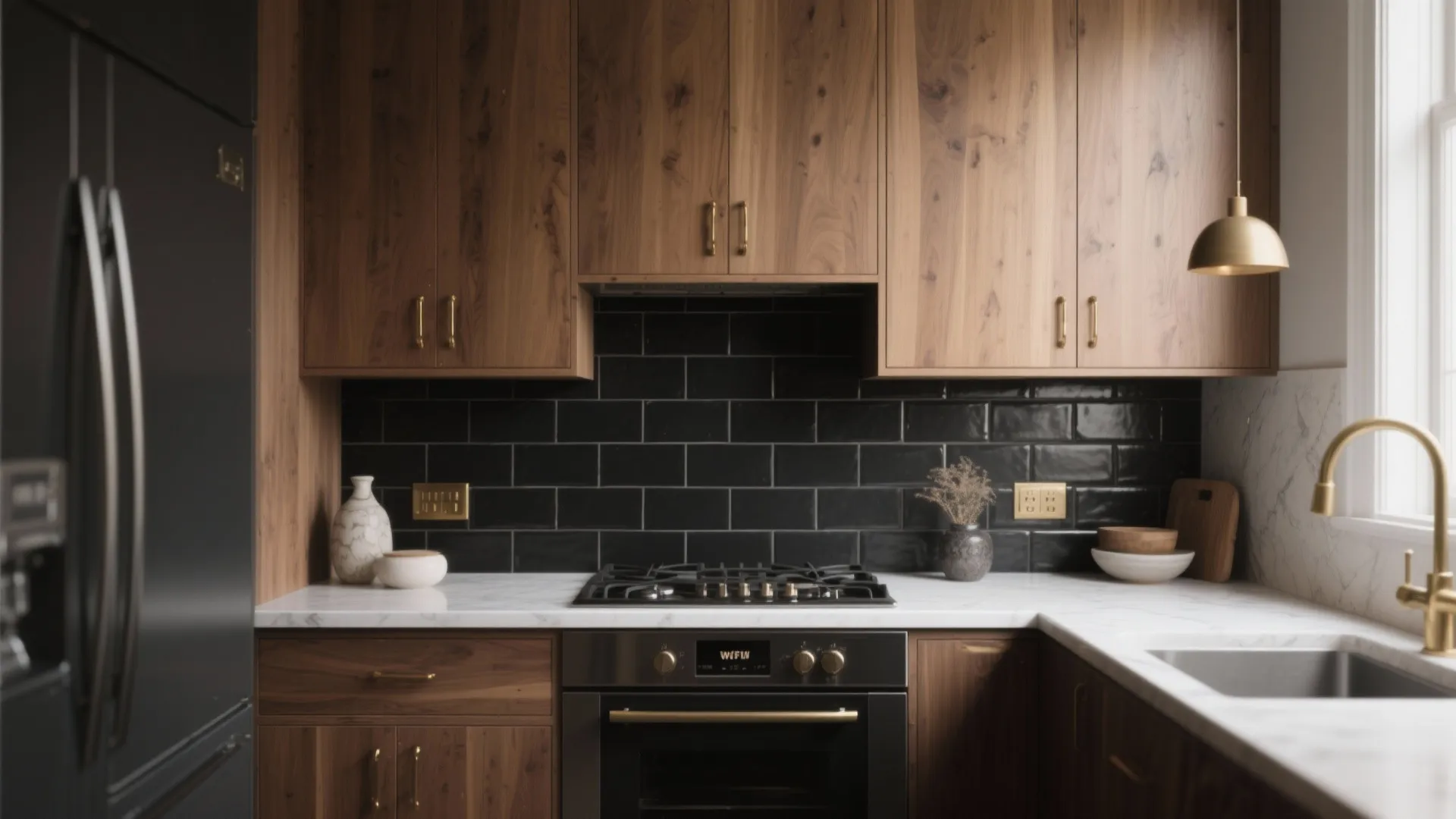 Kitchen interior featuring walnut wood cabinets black wall tiles gas stove and gold hanging light fixture