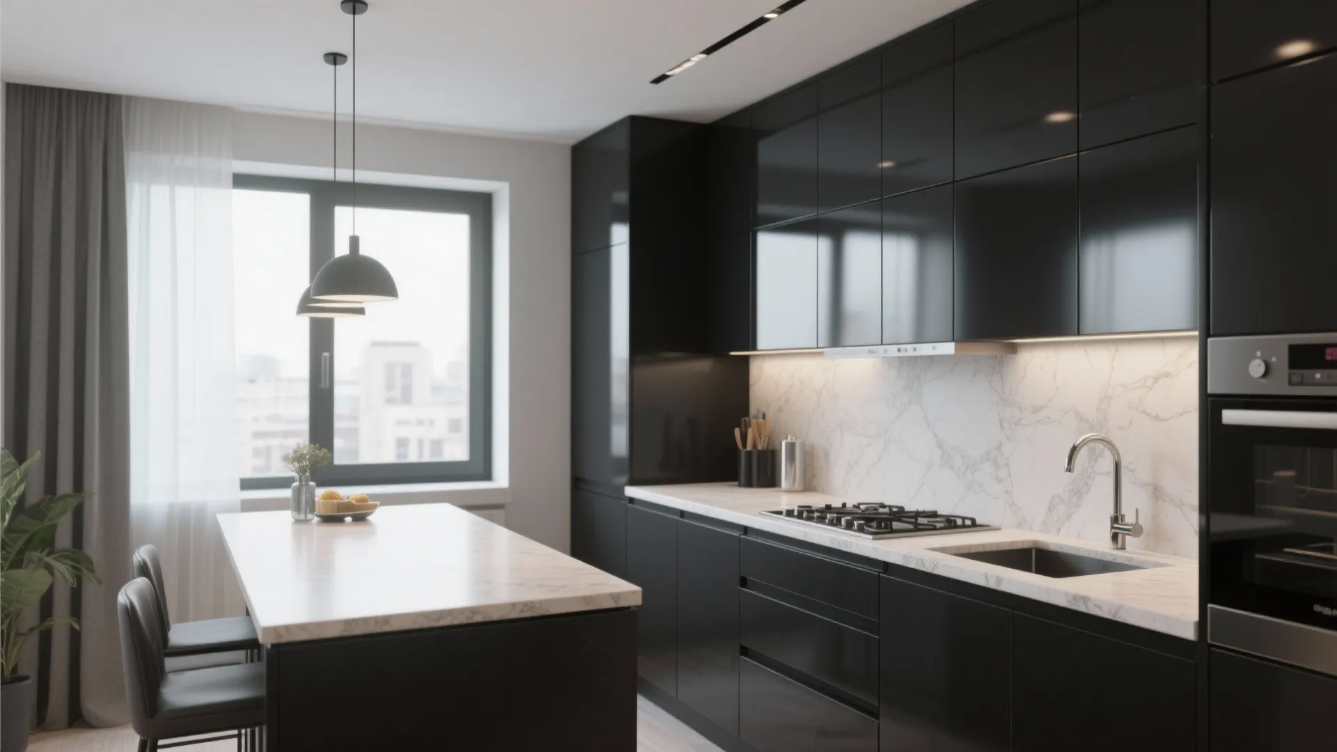 Modern black kitchen featuring white marble countertop with island breakfast bar and sleek dark cabinet design