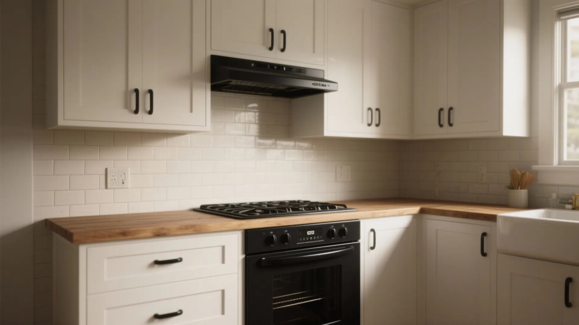 Small kitchen vignette with matte black oven and hood contrasted against white cabinets.