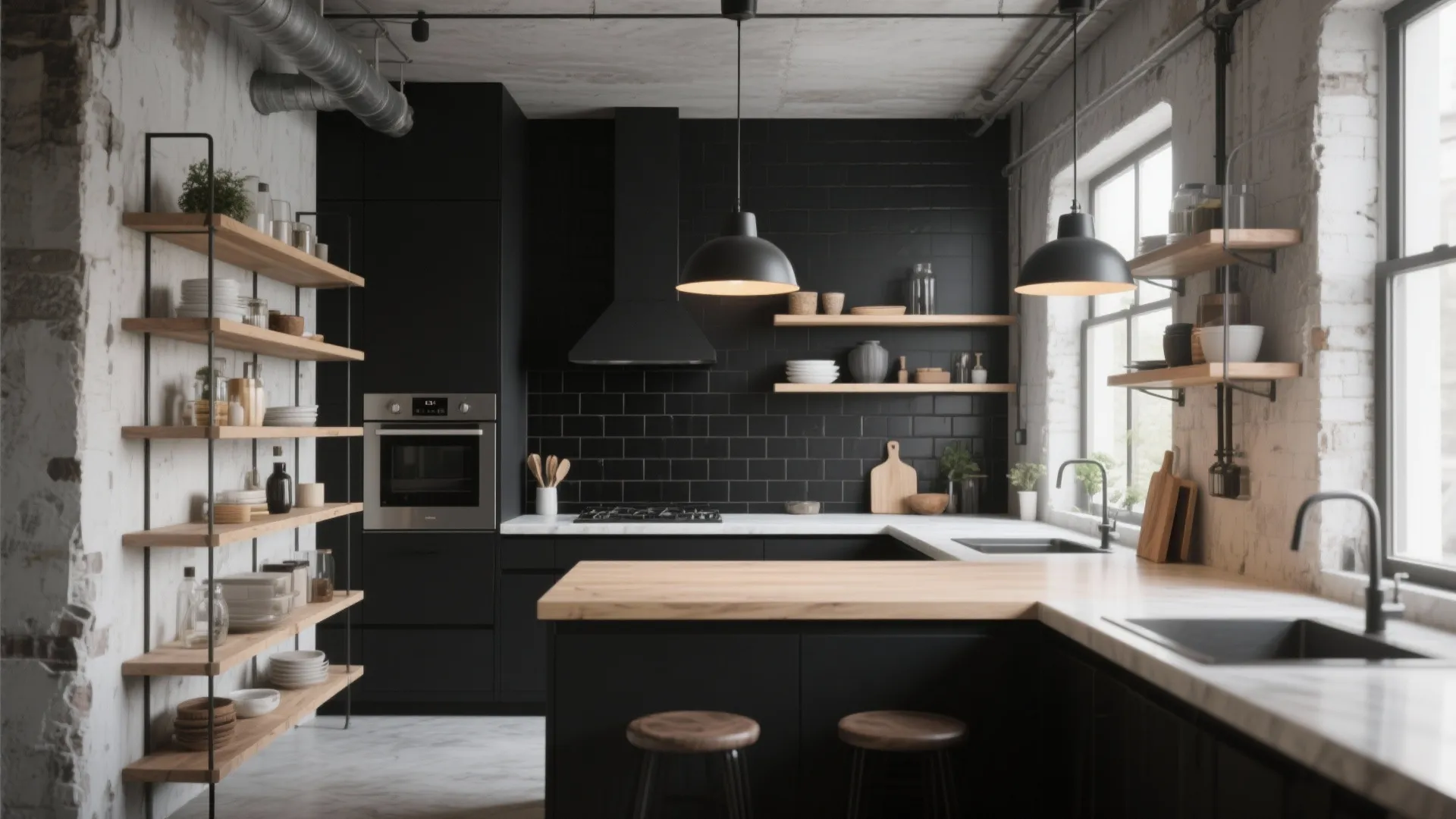 Modern kitchen with black brick wall and wooden shelves plus island table and ceiling light