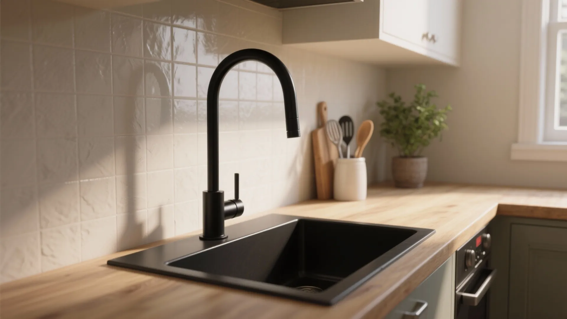 Matte black kitchen faucet and sink on a wooden countertop with white tiles and plant