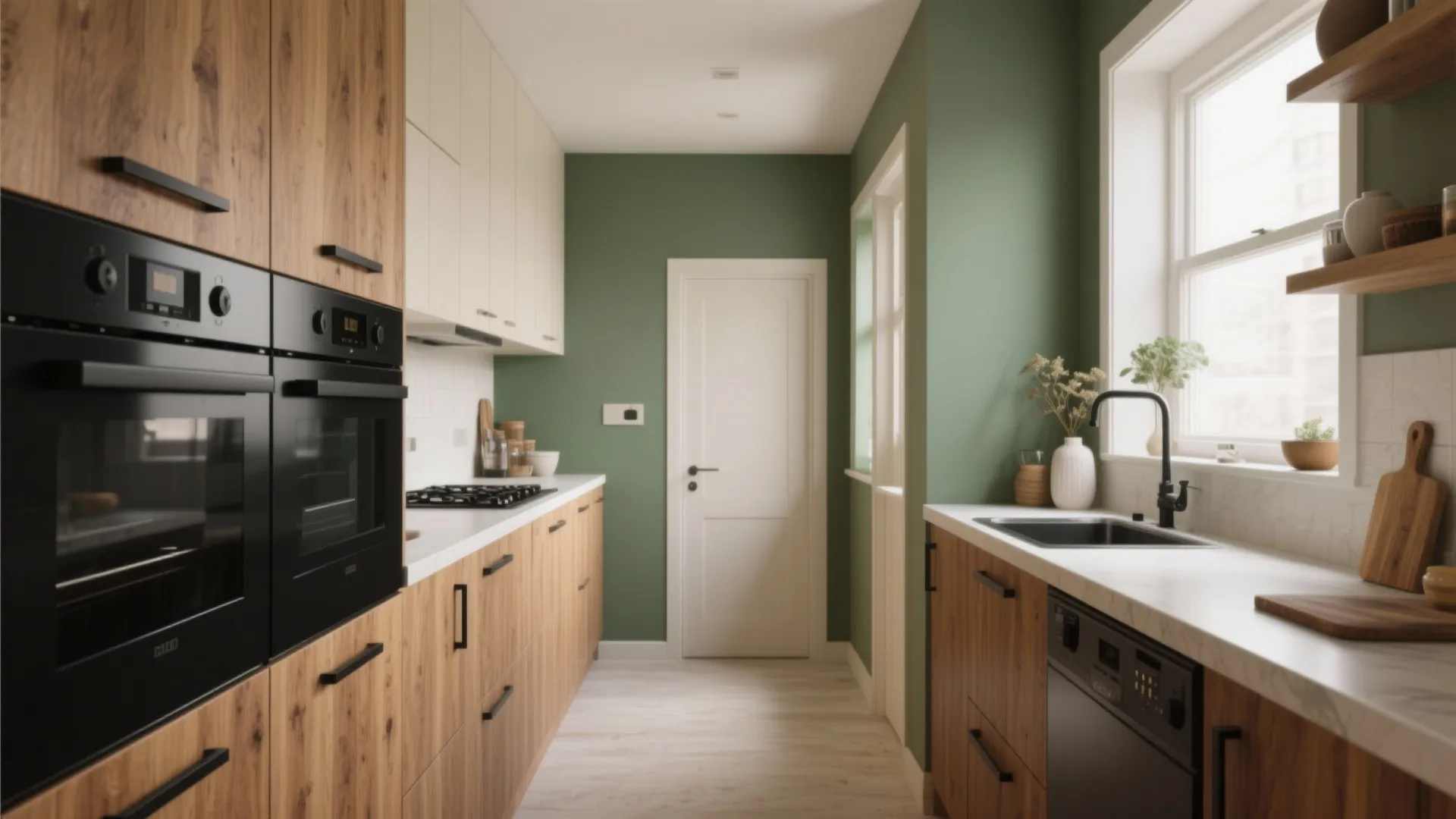 Modern kitchen with green walls wooden cabinets black appliances sink window and white marble countertops