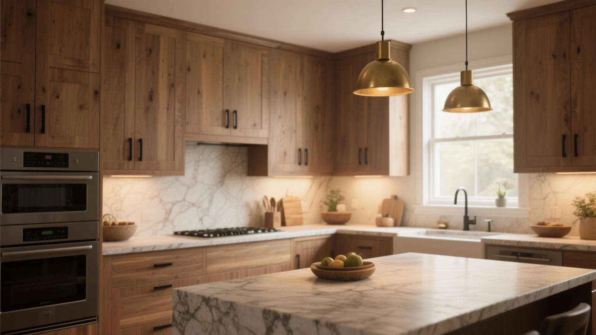 Modern kitchen with wood cabinets marble island gold ceiling lights and large window for light