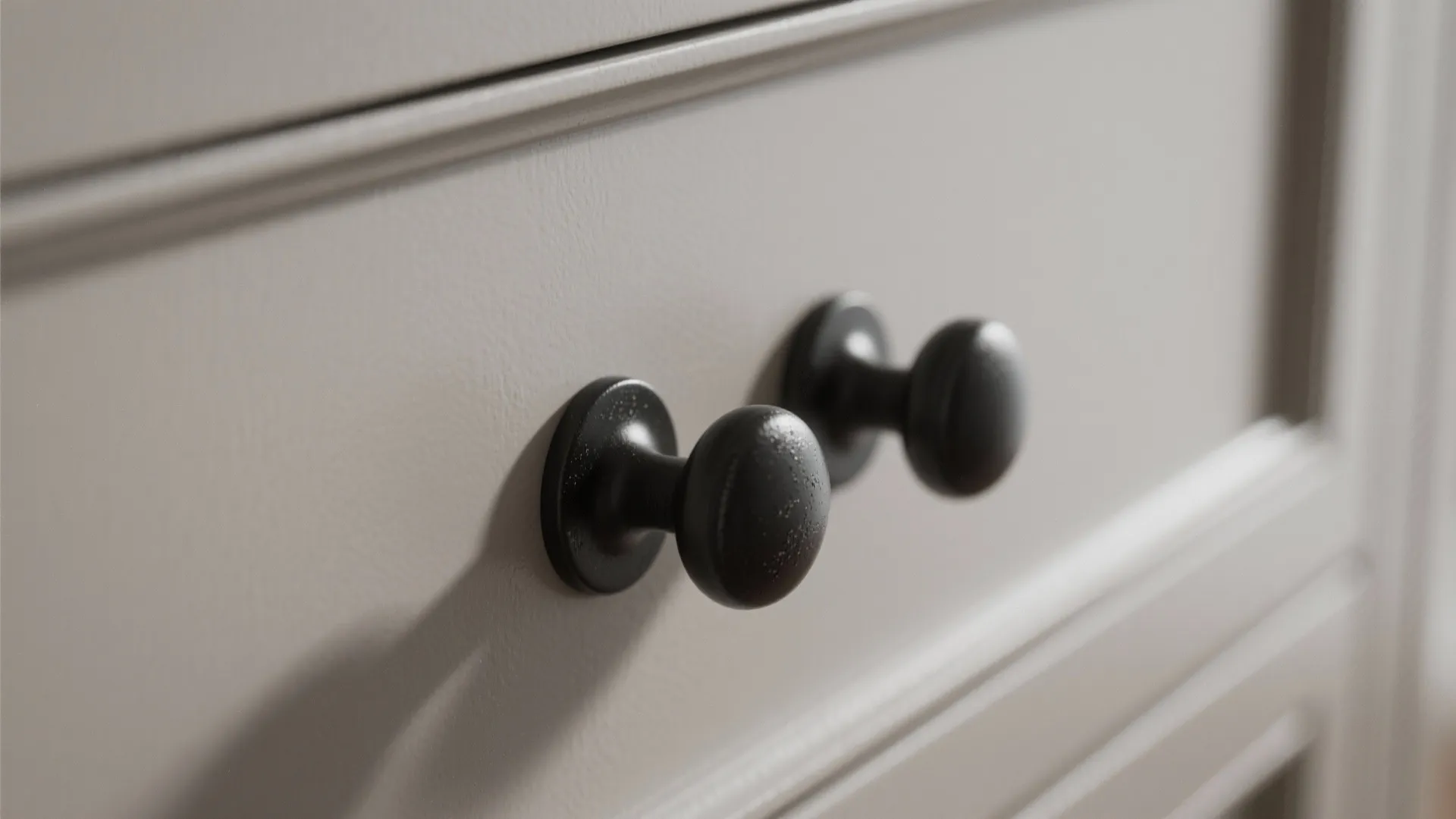 Close-up of matte black cabinet knobs on painted shaker drawers highlighting texture.