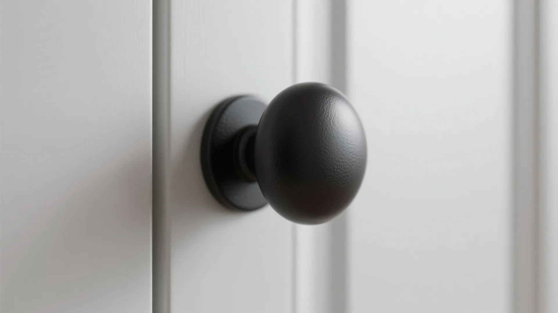 Close up shot of a round matte black door knob installed on white wooden cabinet