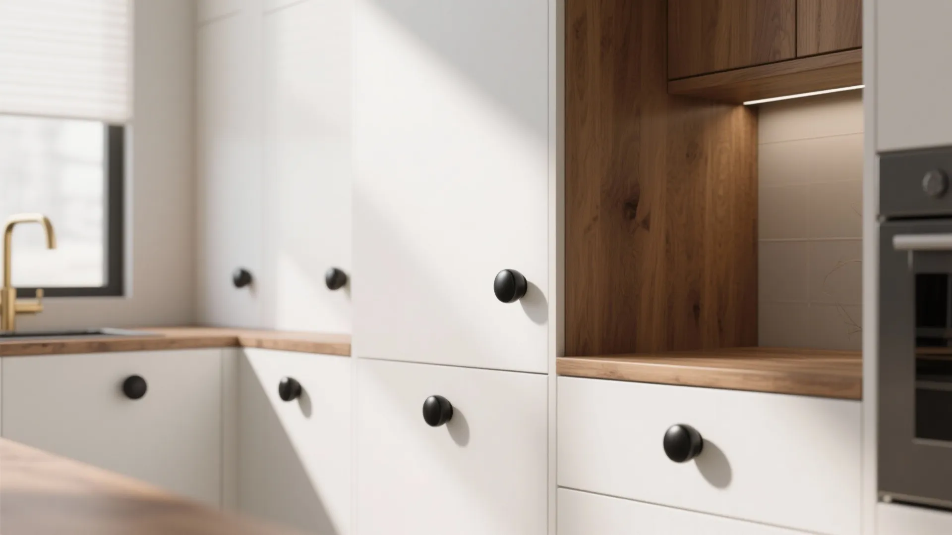 Modern white kitchen cabinets featuring matte black round handles with wood countertop and natural sunlight