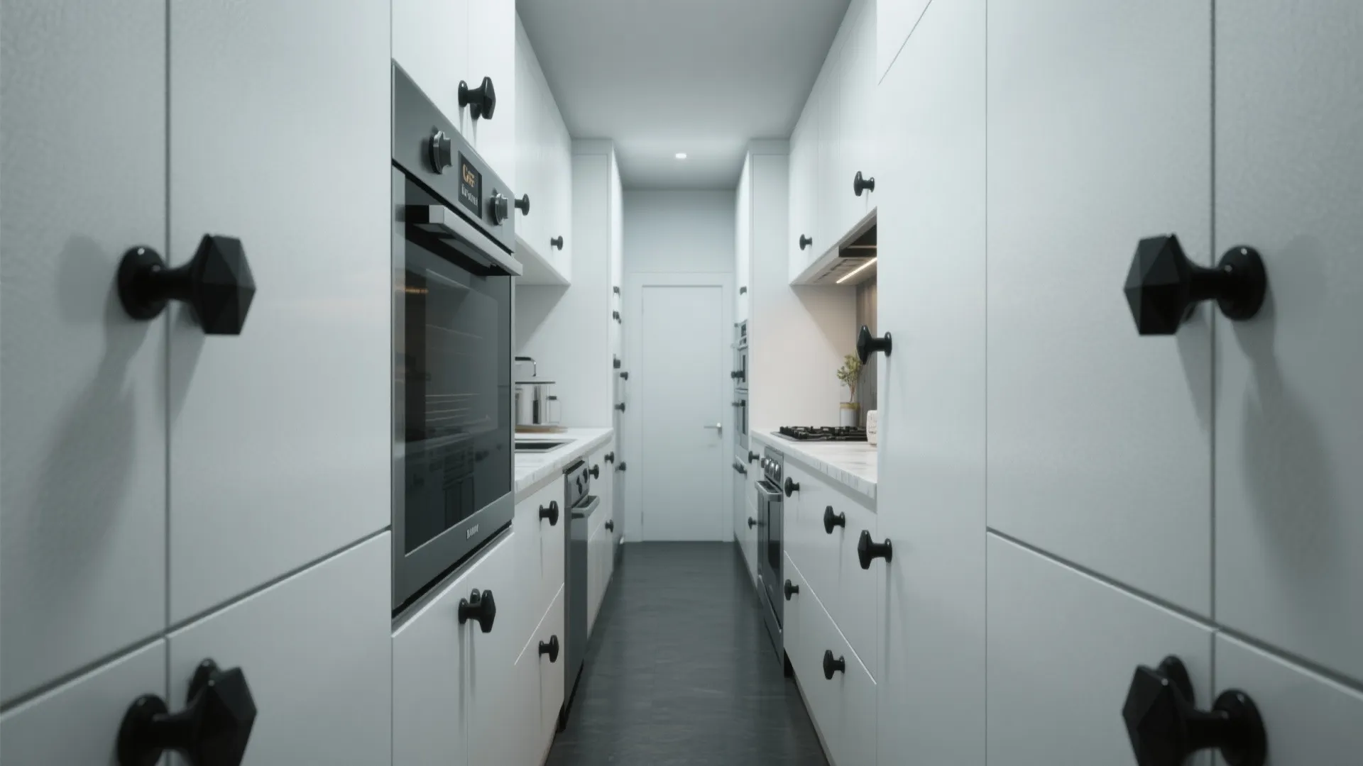 Modern white galley kitchen featuring matte black door knobs silver oven and marble stone countertops