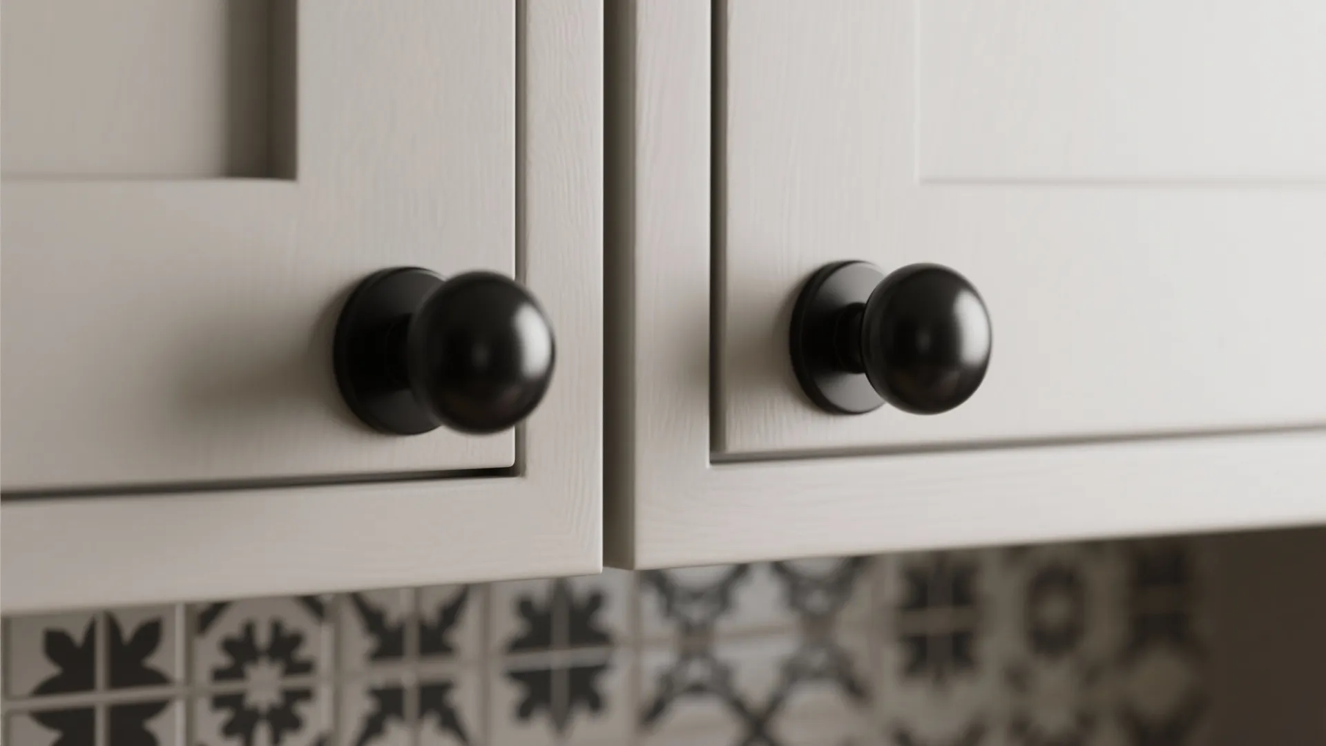 Close up of two matte black round knobs on white kitchen cabinet doors with patterned tiles