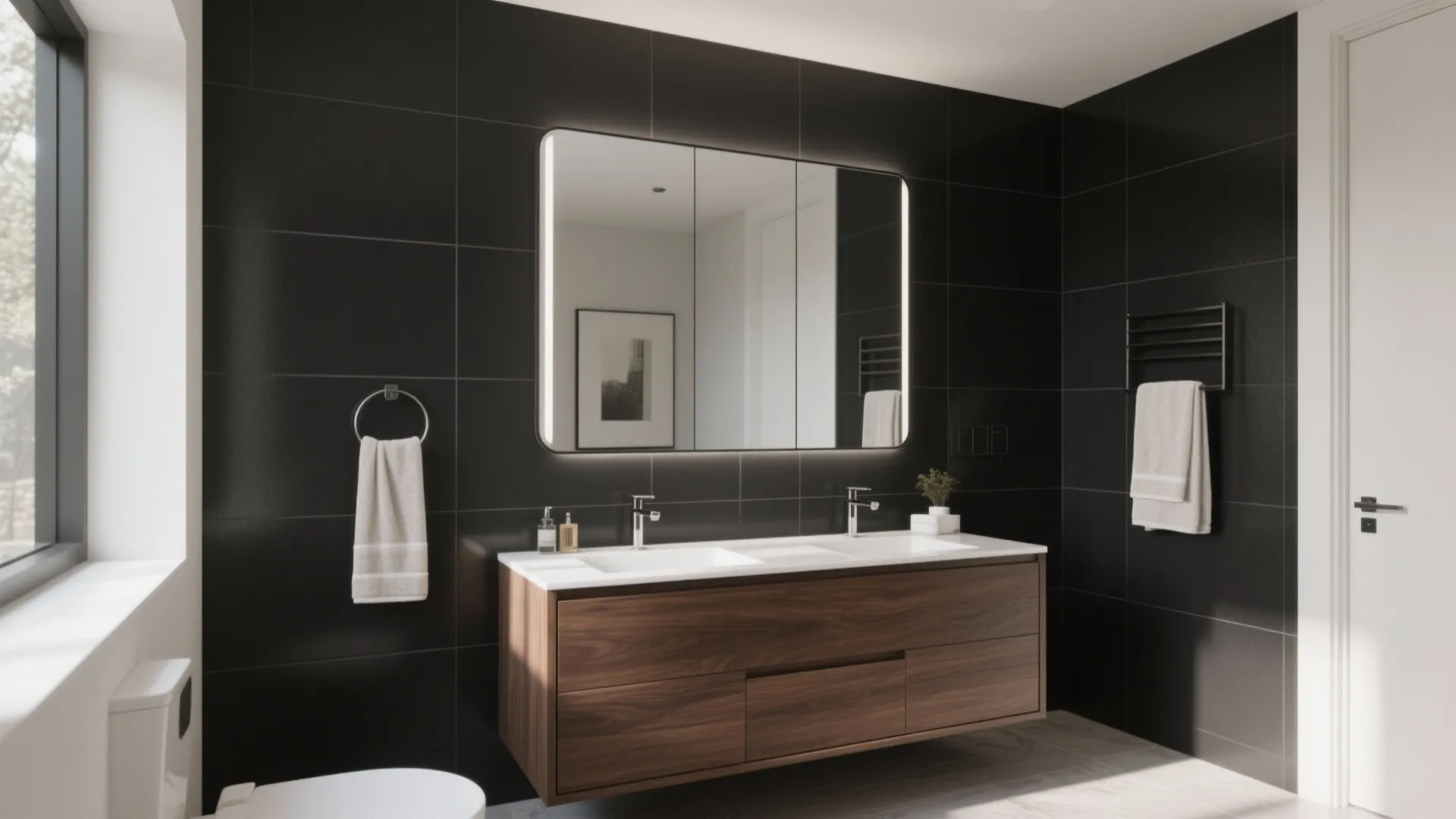 Modern bathroom with dark wall tiles wooden cabinet double sink large light mirror and white towels