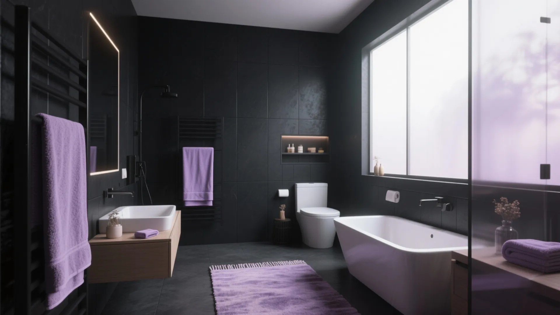 Black bathroom with white bathtub sink and toilet featuring purple towels a rug and window