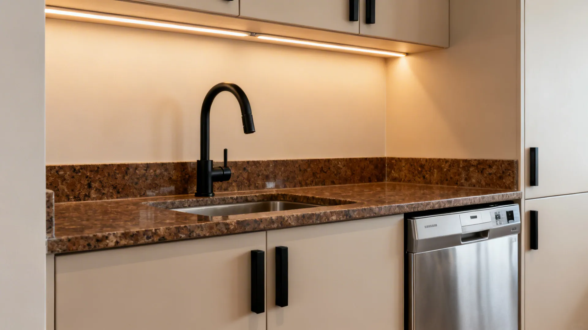 Baltic Brown countertop with matte black faucet and slim warm LED under-cabinet lighting.