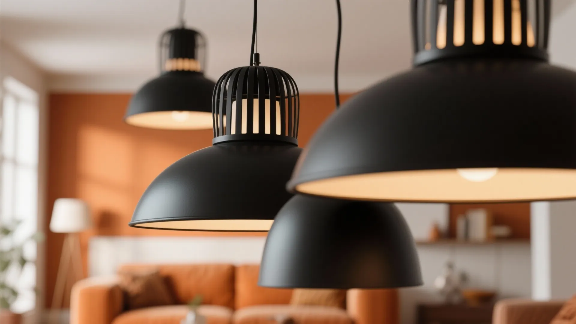 Modern black light fixture hanging in living room with orange wall and light brown sofa