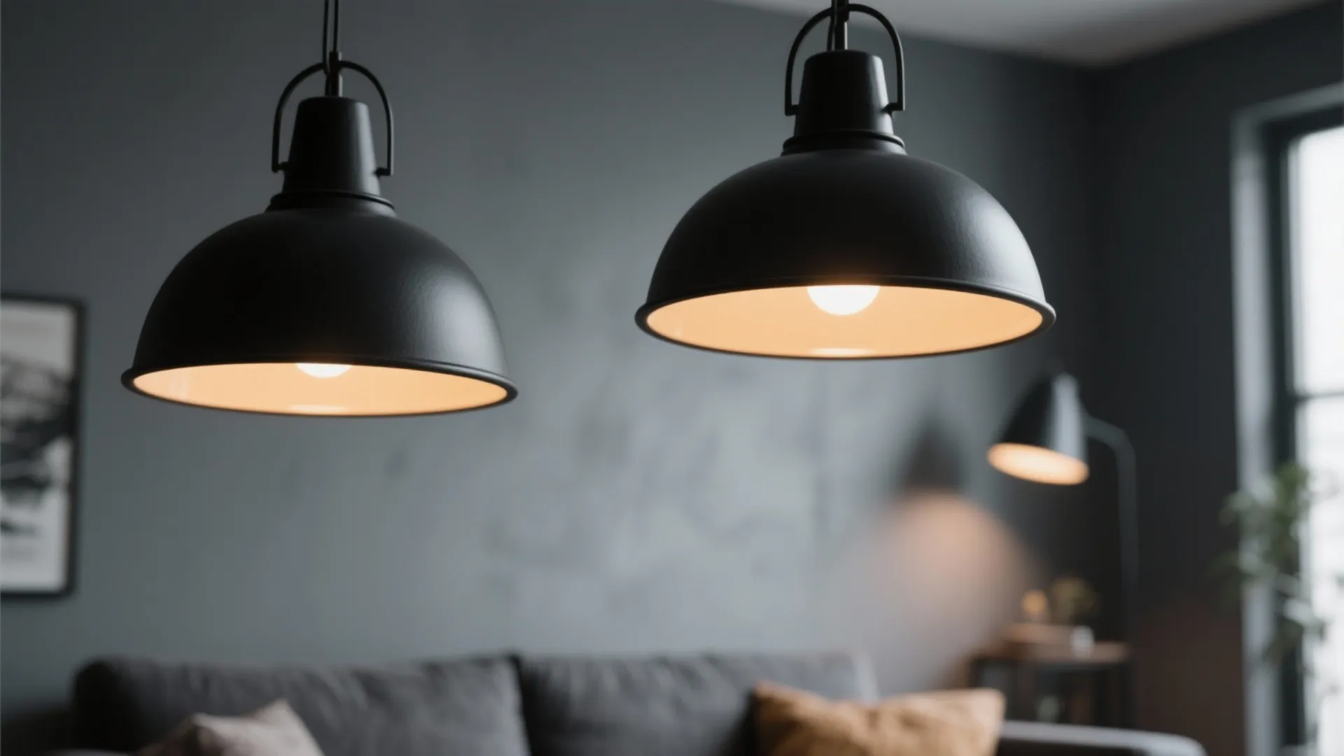 Two industrial black ceiling lights hanging above a grey sofa in a modern dark room