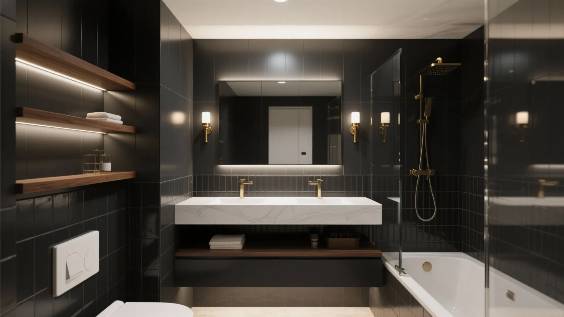 Matte black tiles with layered lighting