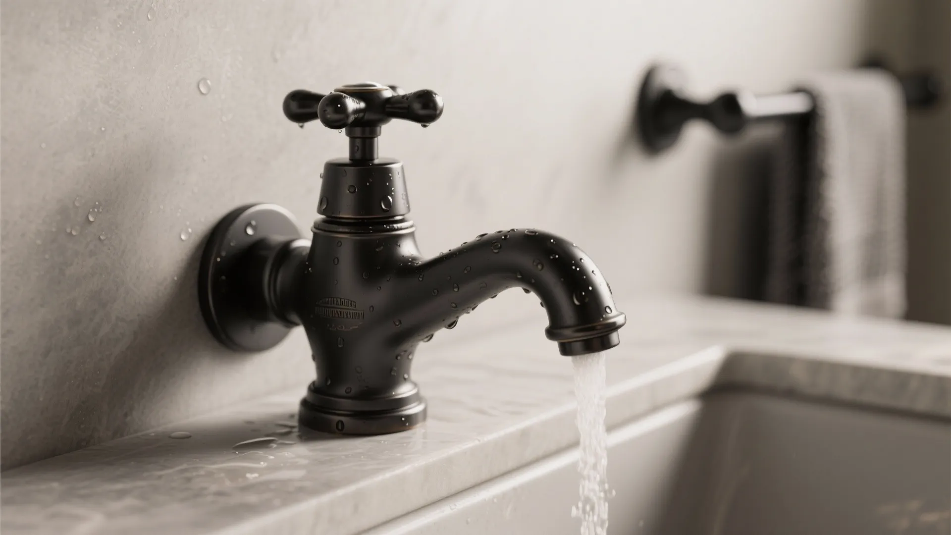 Close up of black bathroom water tap with water flowing into a white marble sink