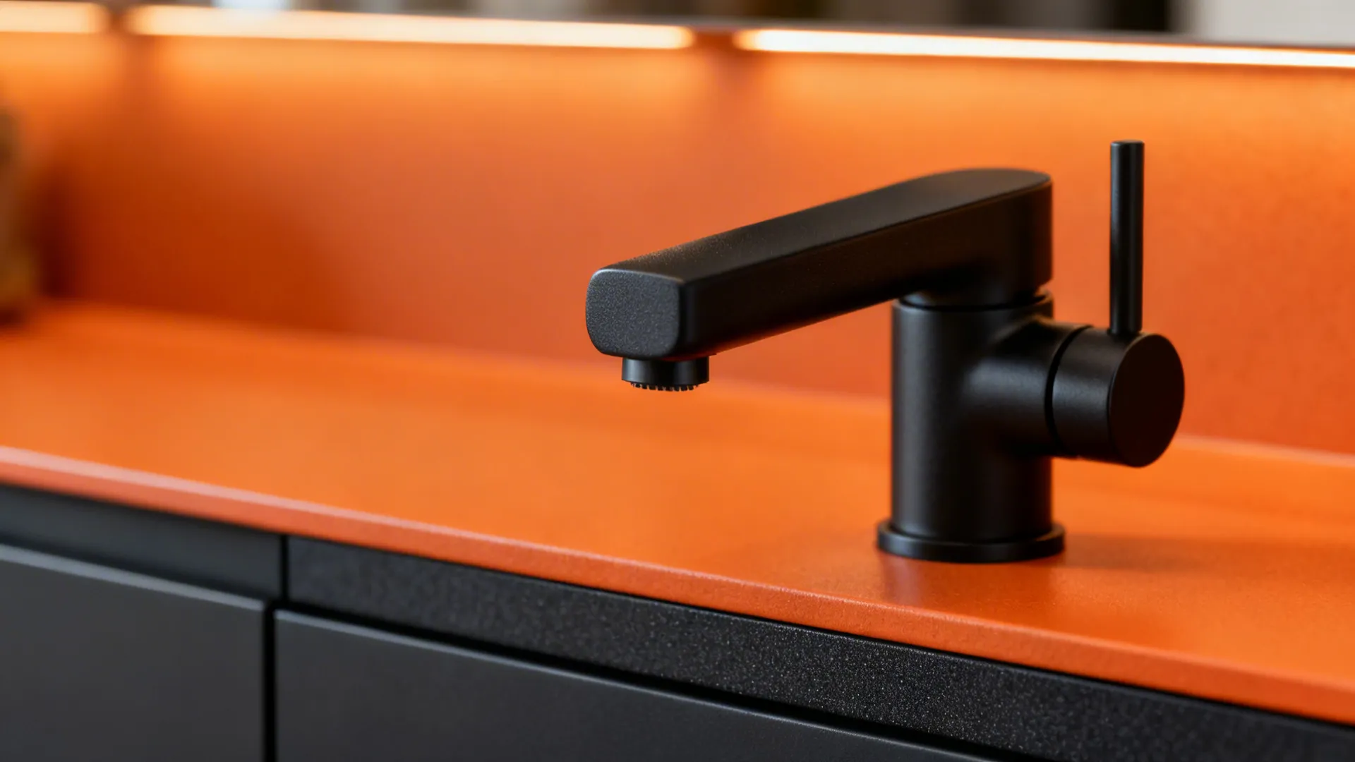 Macro of matte black faucet beside orange countertop with charcoal cabinet below.