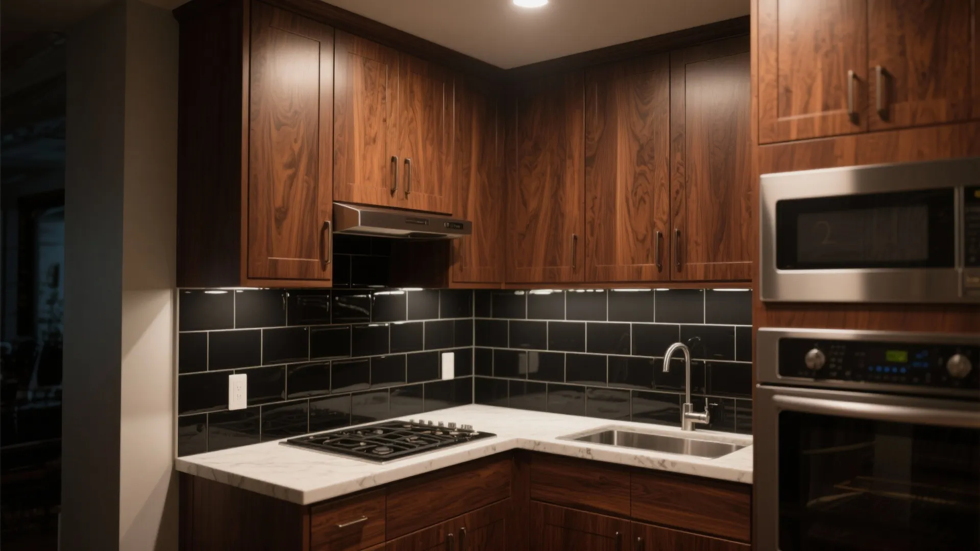 Modern kitchen with dark wood cabinets black tile wall white marble countertop and stainless oven