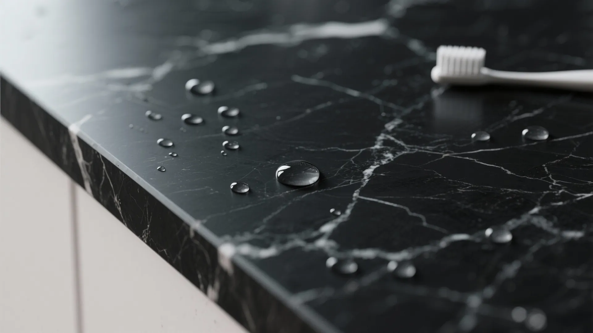 Close up of water drops on black marble counter with a white toothbrush in background