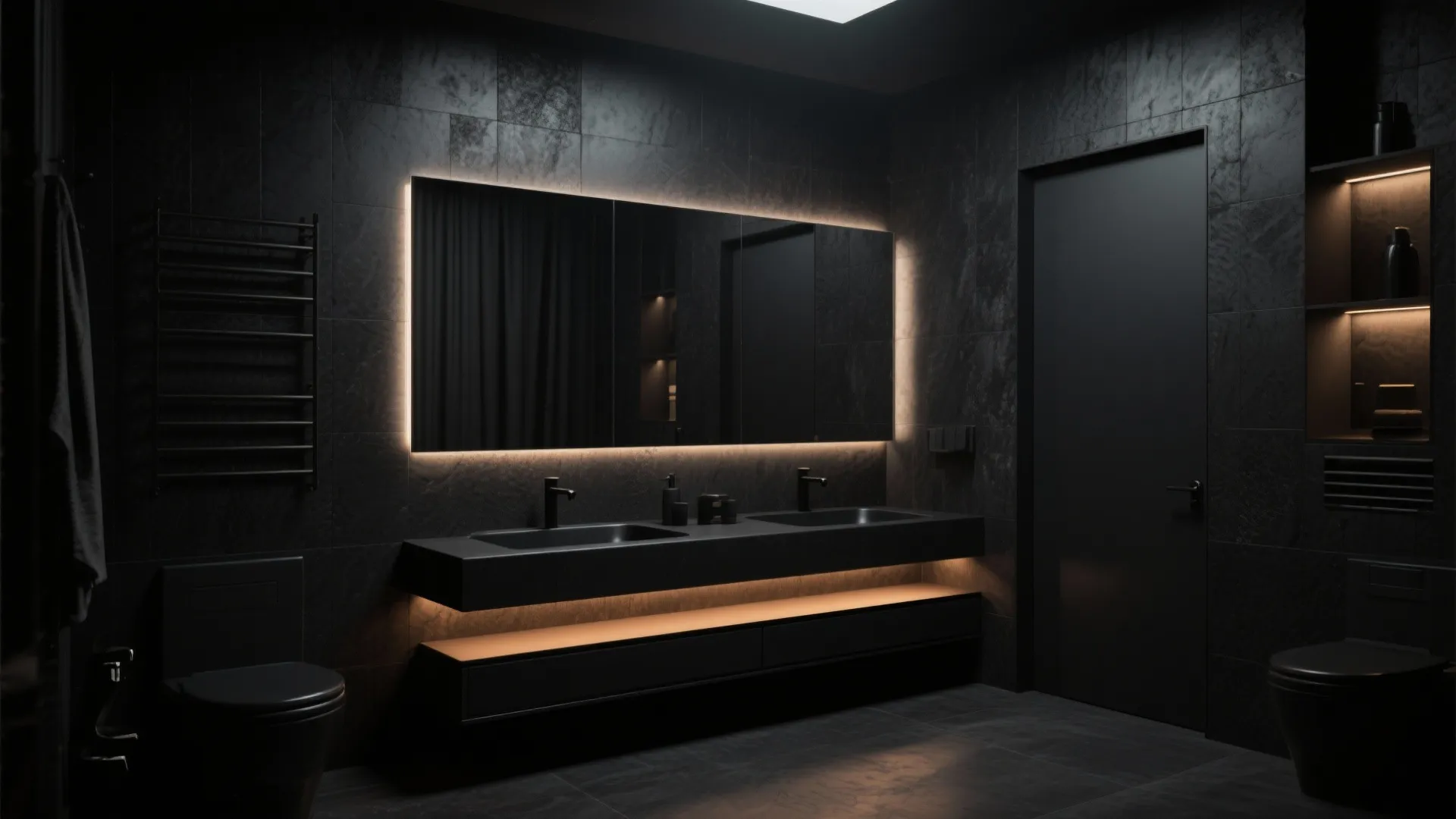Modern dark bathroom interior with black walls black toilet and double sinks under large mirror