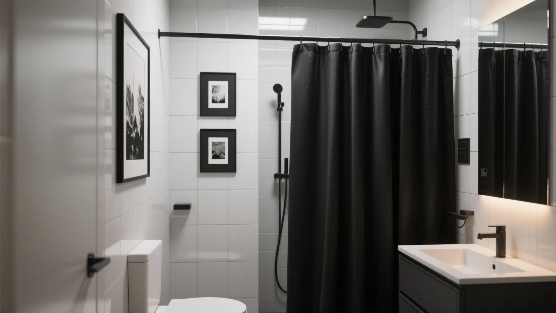 Modern bathroom with white tiles, black curtain, toilet, sink, mirror, and small black framed pictures