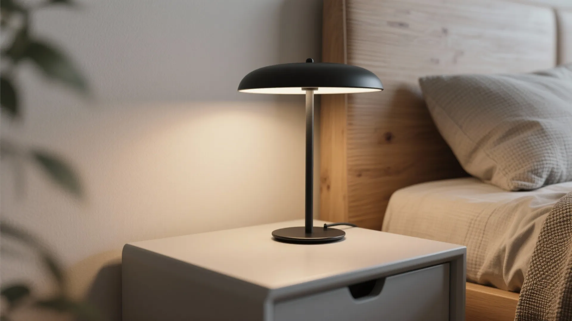 Modern matte black table lamp on a white bedside cabinet next to a wooden bed