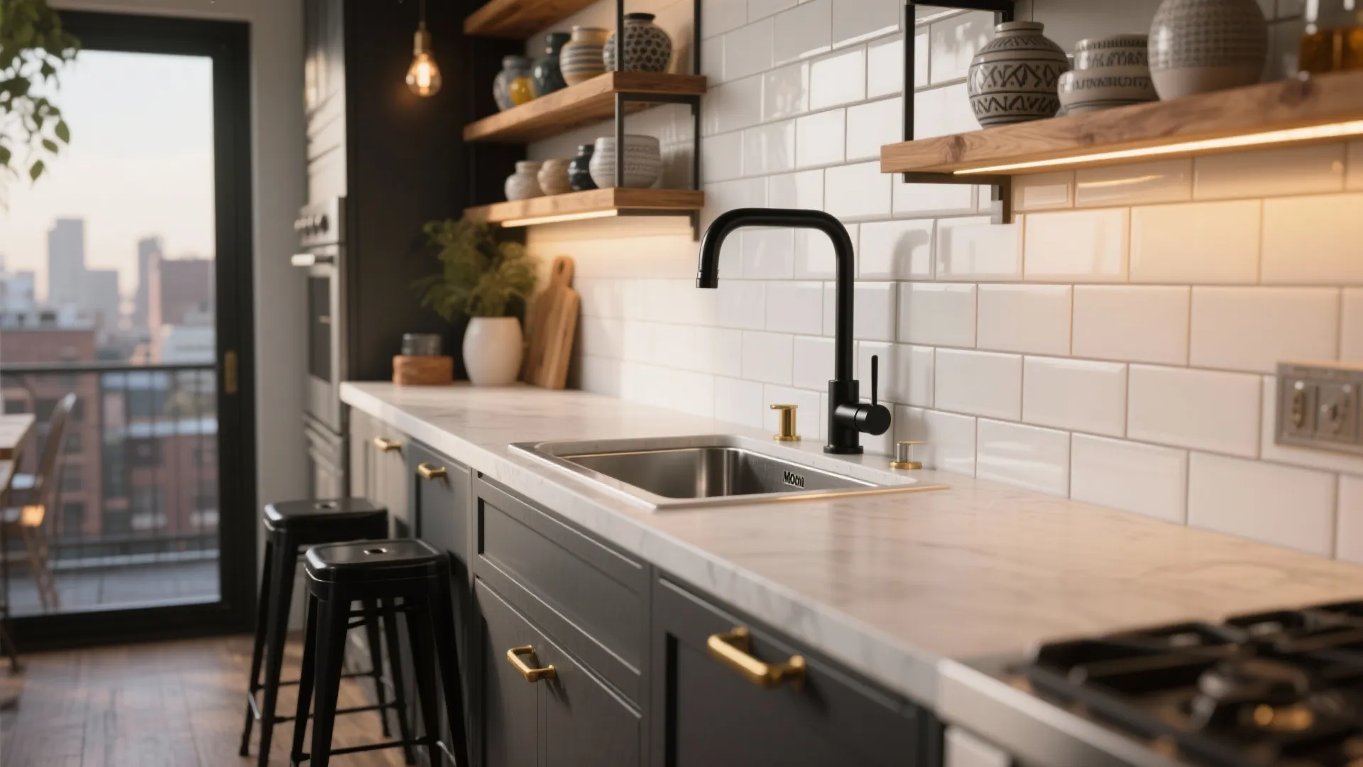 Modern kitchen with white wall tiles black faucet wooden shelves dark cabinets and black stools