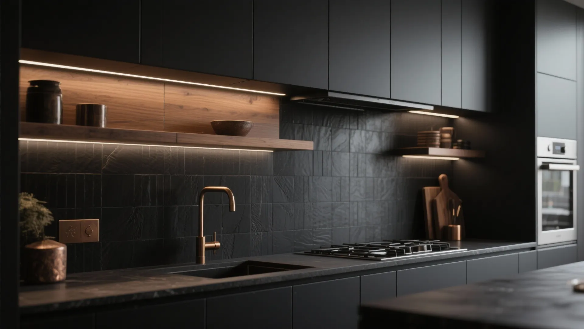 5. Black Cabinets + Matte Black Backsplash for Monochrome Minimalism