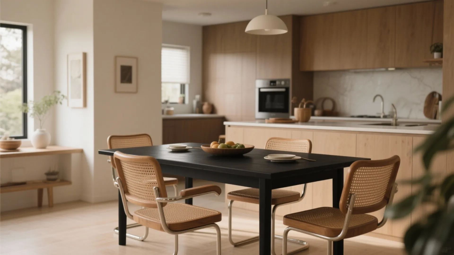 Modern kitchen with black dining table plus woven chairs and natural wood cabinets and floors