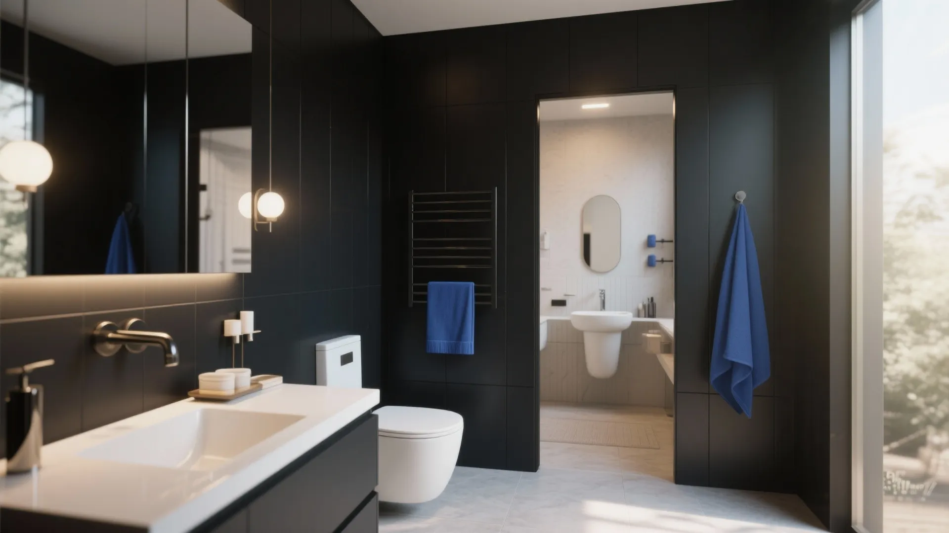 Luxury bathroom with black wall panels white toilet sink and blue towel on a hook