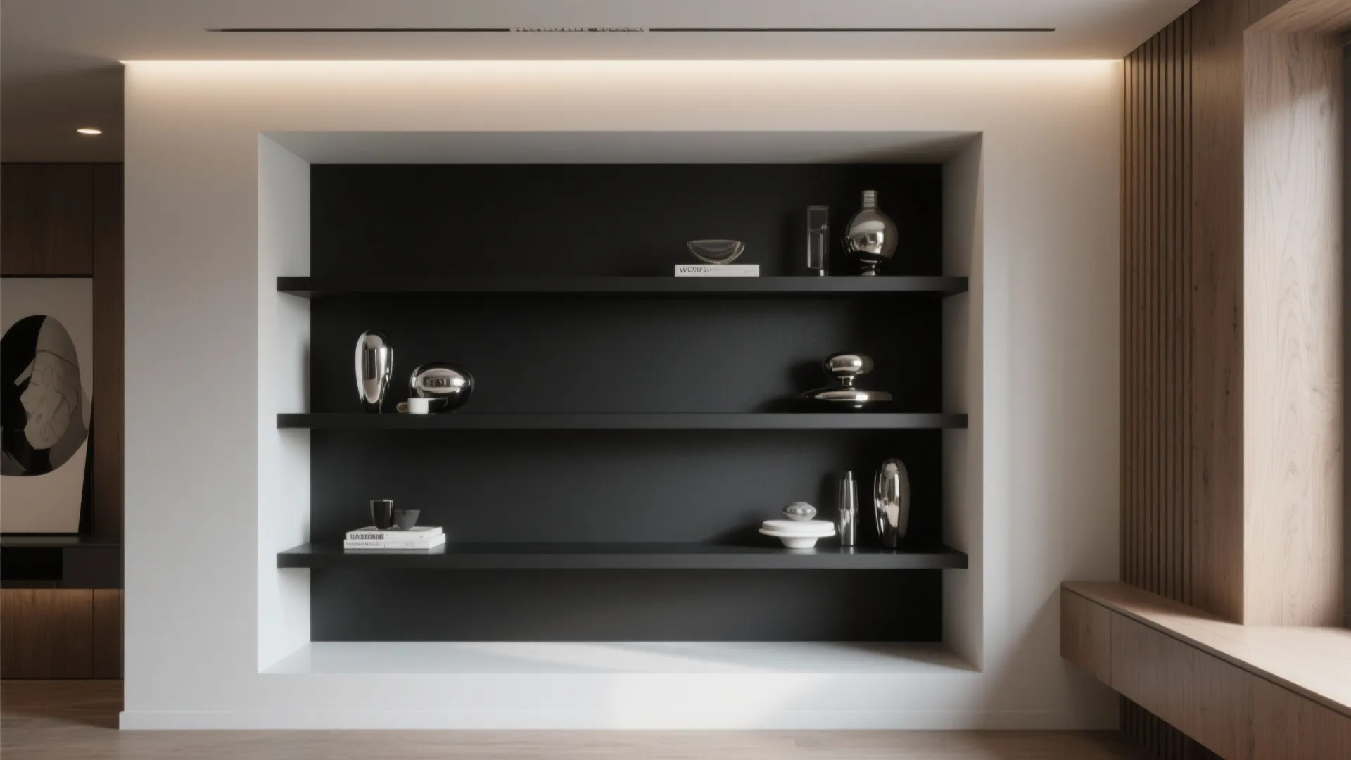 Modern recessed wall shelf in matte black with decorative silver items and soft warm lighting