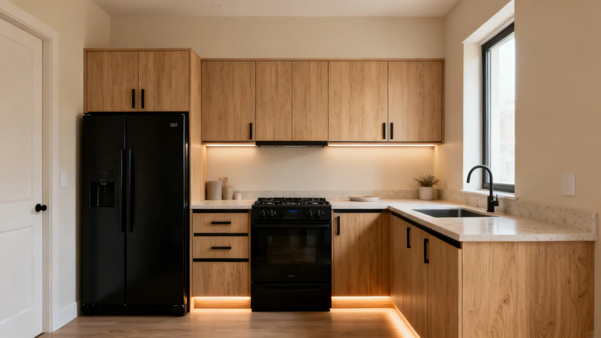 Matte black appliances with light oak cabinets and warm LEDs in a compact L-shaped kitchen.
