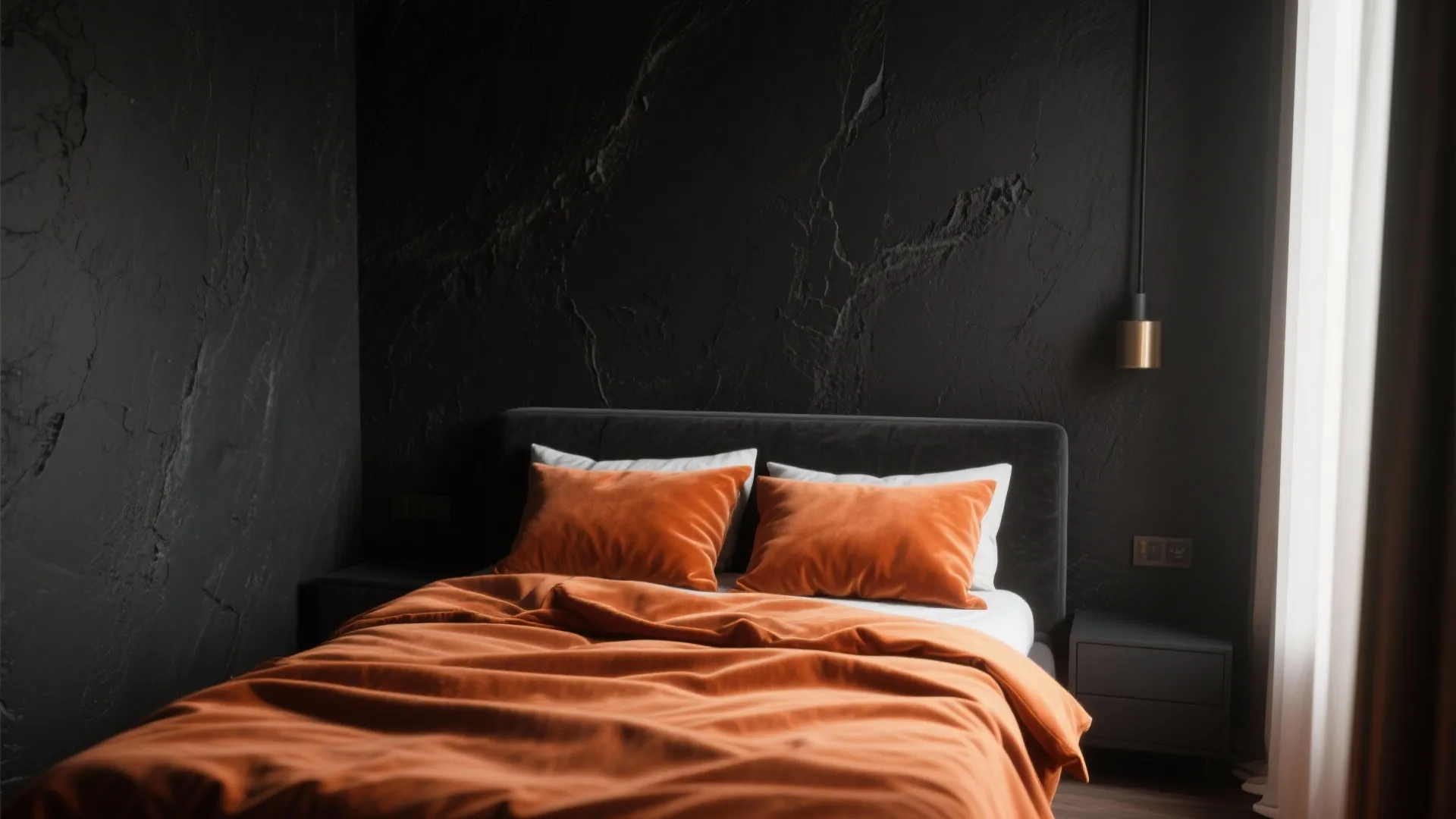 Bedroom with matte black walls and burnt orange bedding