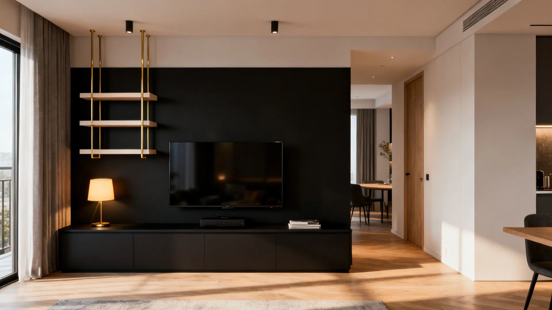 Matte black accent panel behind a media console with warm brass accessories to maintain coziness.