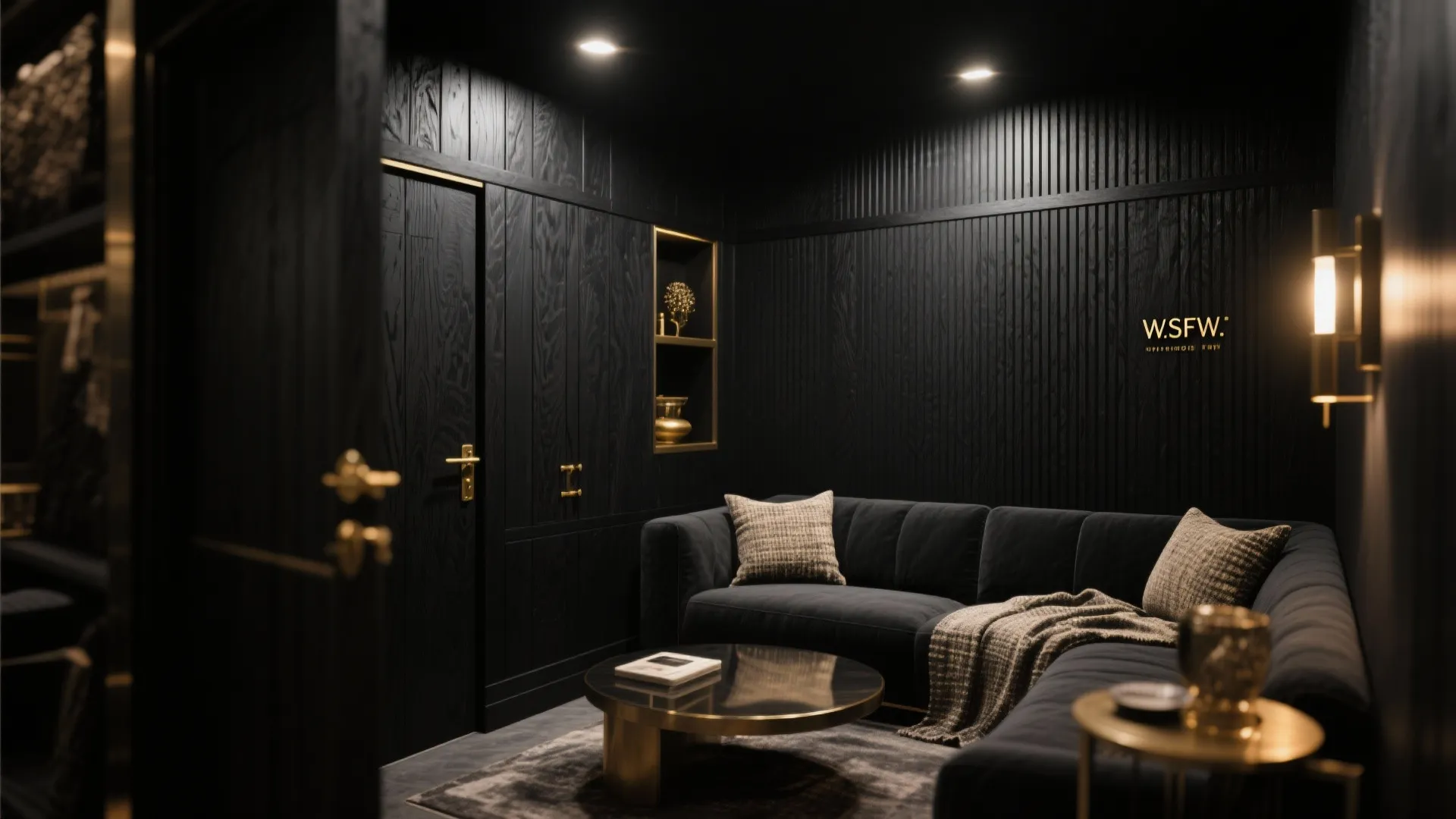 Modern dark living room with black wall panel dark blue sofa and gold coffee table