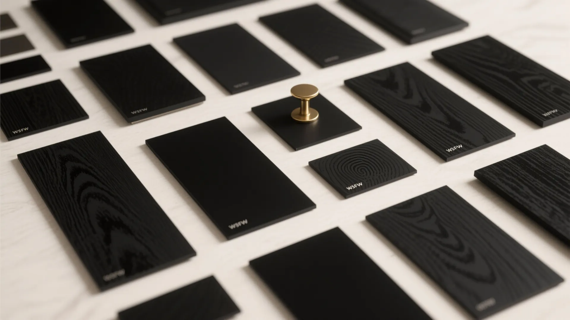 Matte black wall panel samples with wood grain texture and a gold handle on table