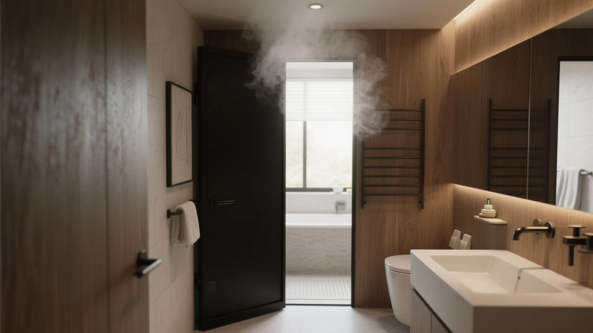Modern bathroom with wooden wall panel, black door, white sink, toilet, and steam by bathtub