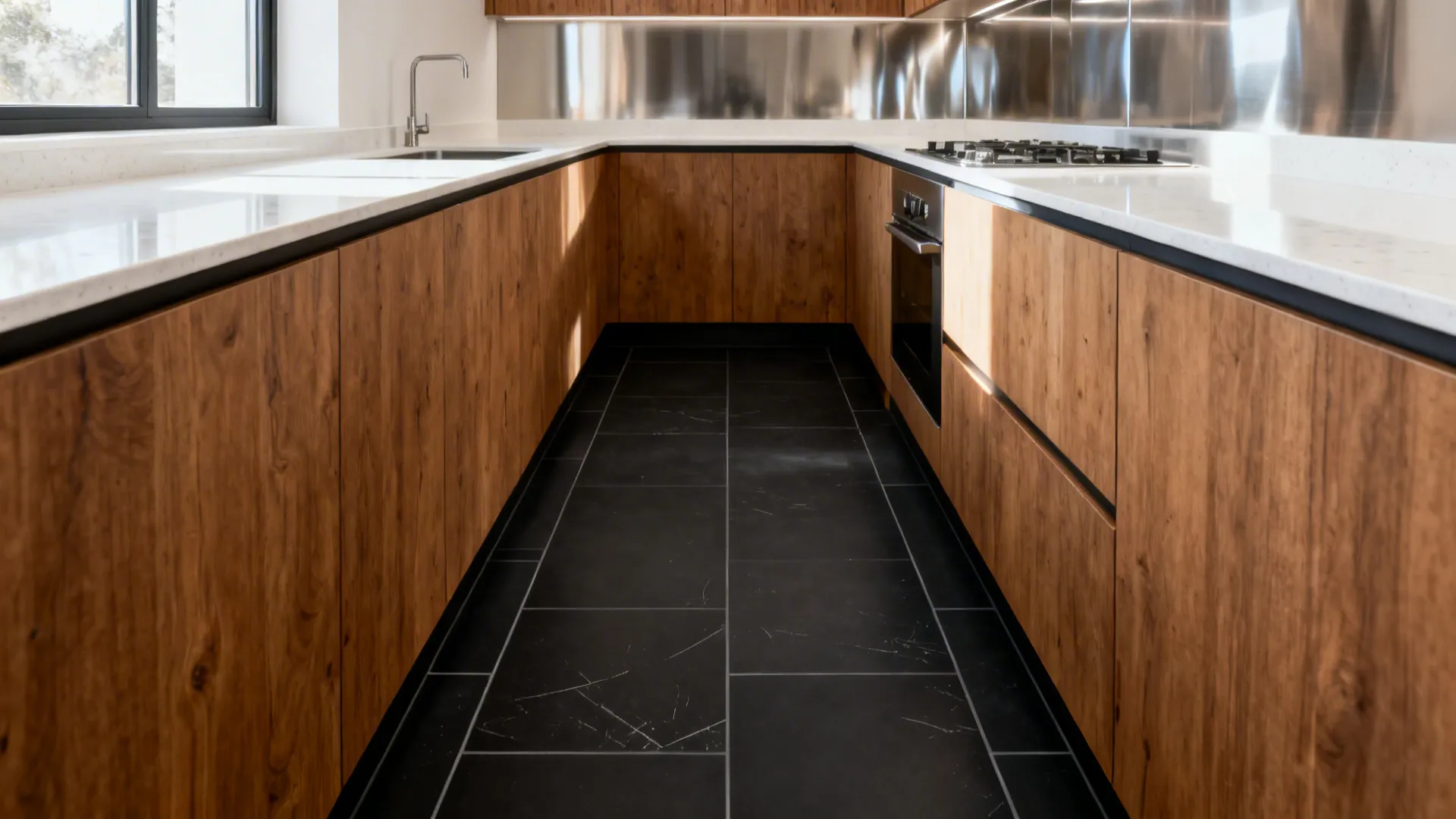 Matte black porcelain floor in a compact galley kitchen with warm oak and white counters.