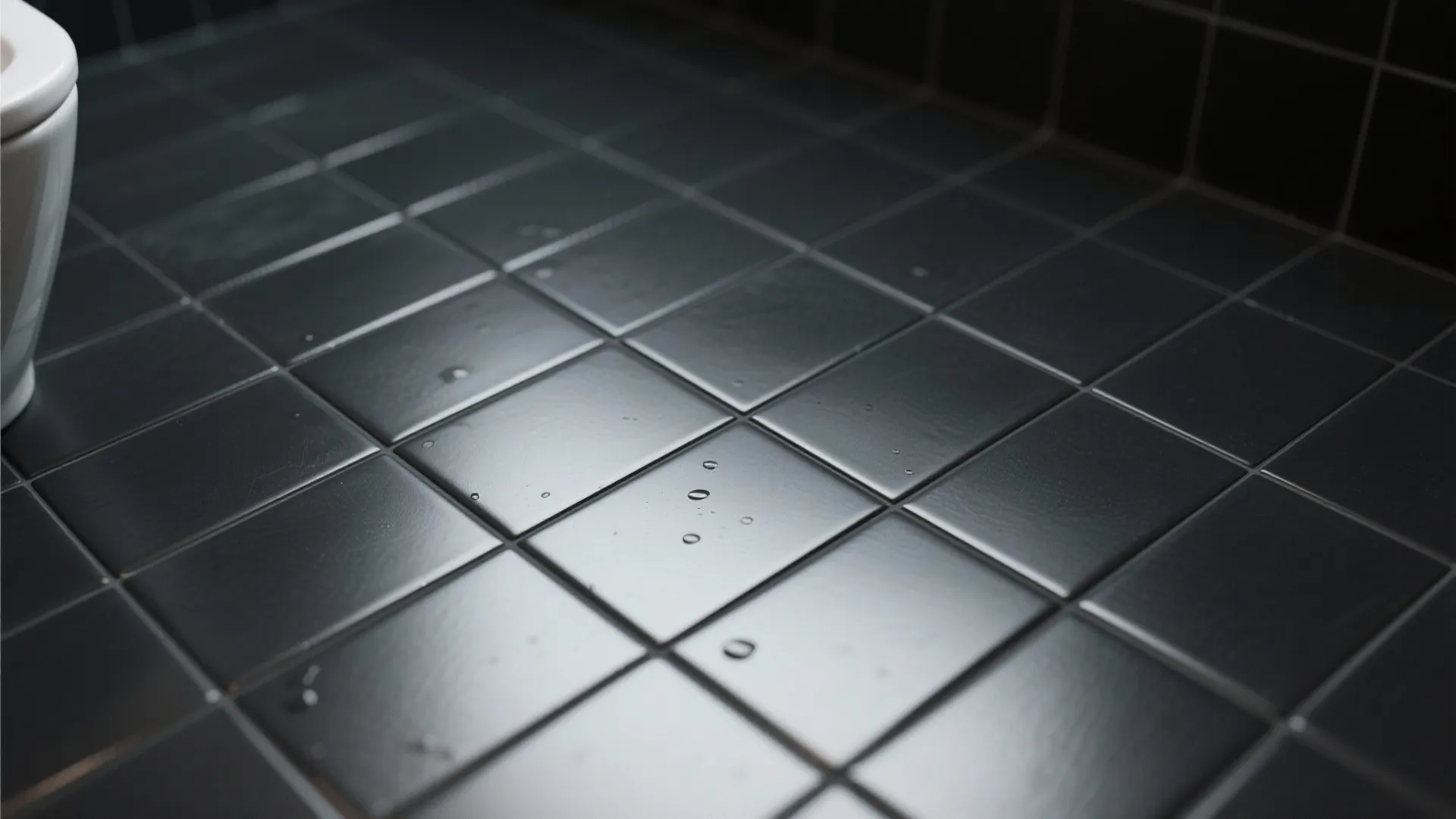 Close up view of matte black square floor tiles with small water droplets on surface