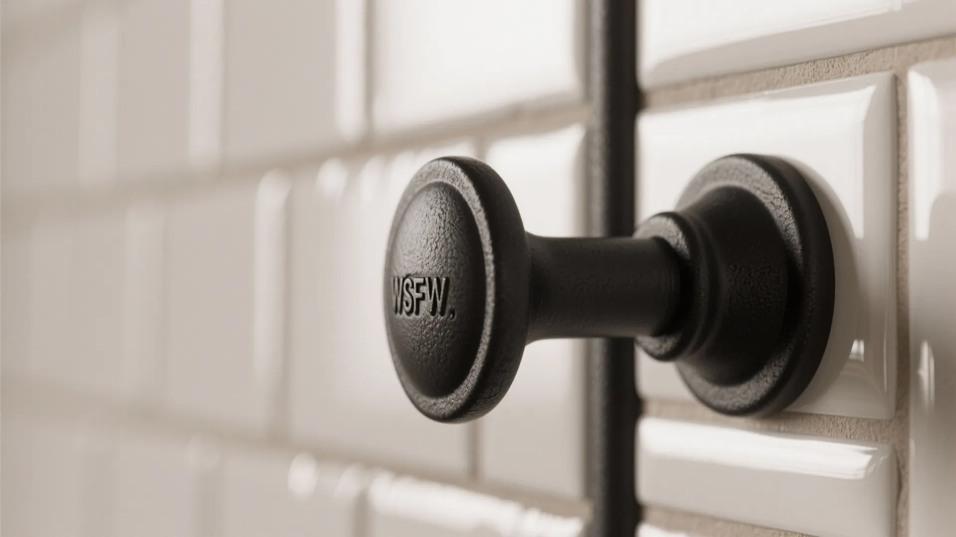 Macro view of a matte black cabinet pull mounted on white subway tile, showing textured finish.