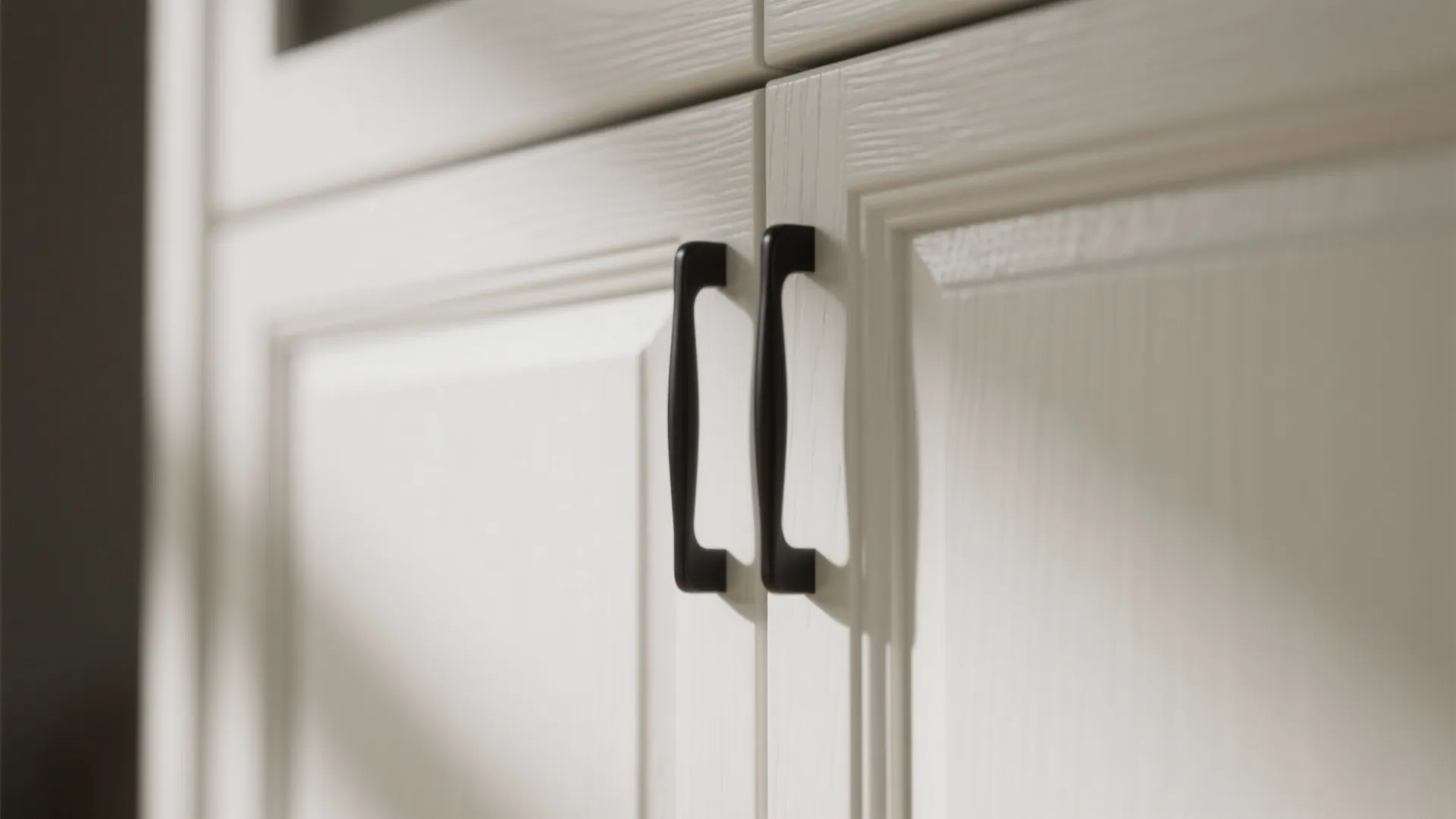 Close-up of a matte black pull on a white shaker cabinet door showing texture and finish.