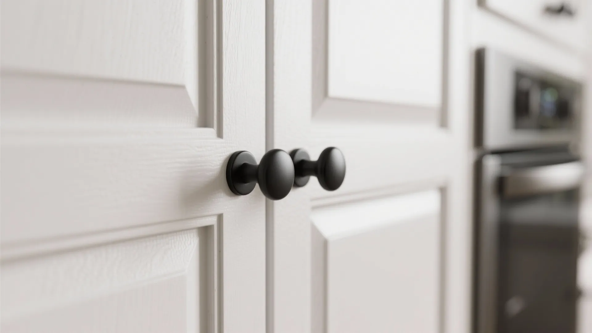 Macro shot of matte black pulls on white cabinets