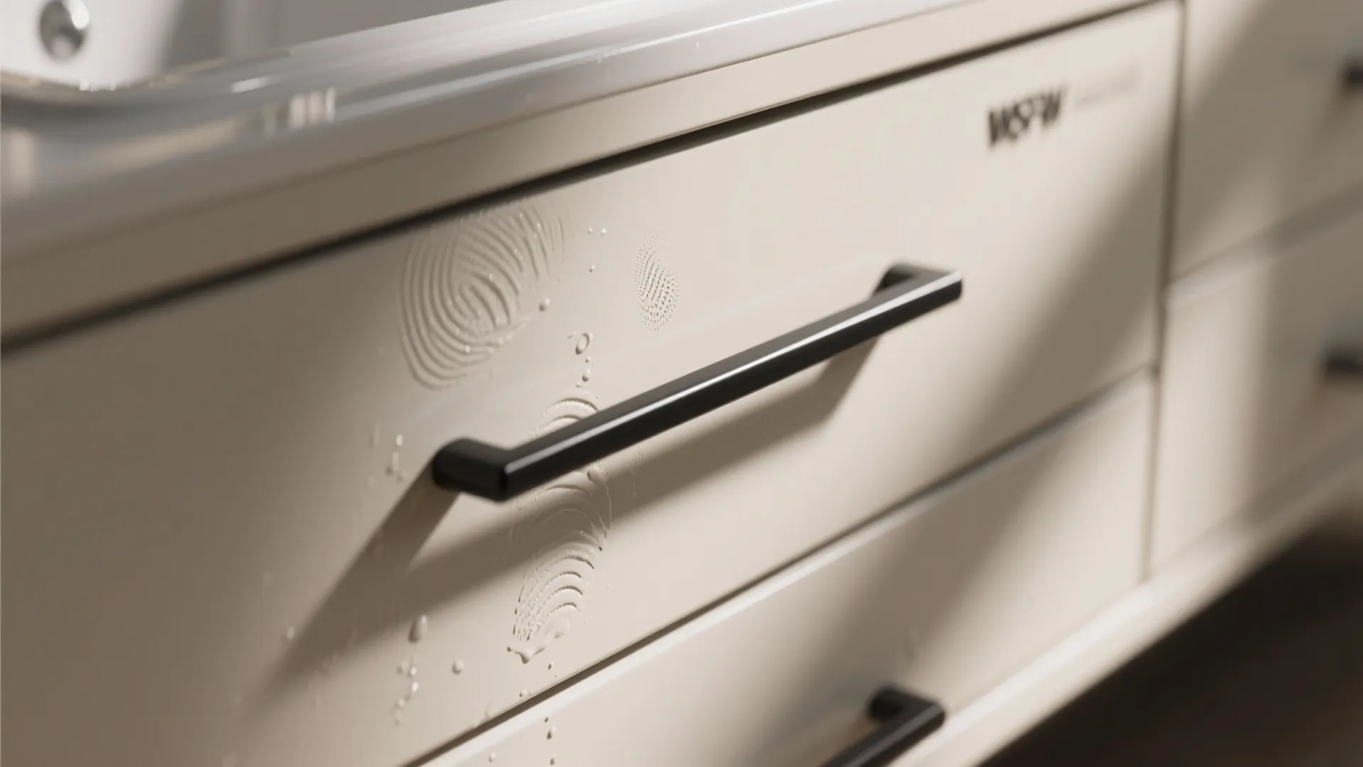 Close-up of beige kitchen cabinet drawers with matte black handles showing fingerprints and water drops